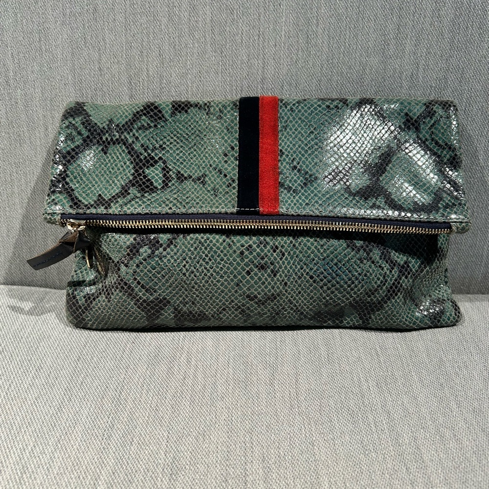 Clare V Turquoise Snake Print Foldover Clutch